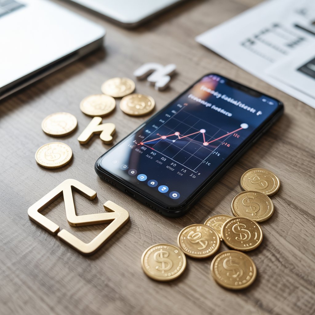 Grafici di analisi e frecce di crescita che rappresentano la promozione e monetizzazione nel processo di come aprire un blog