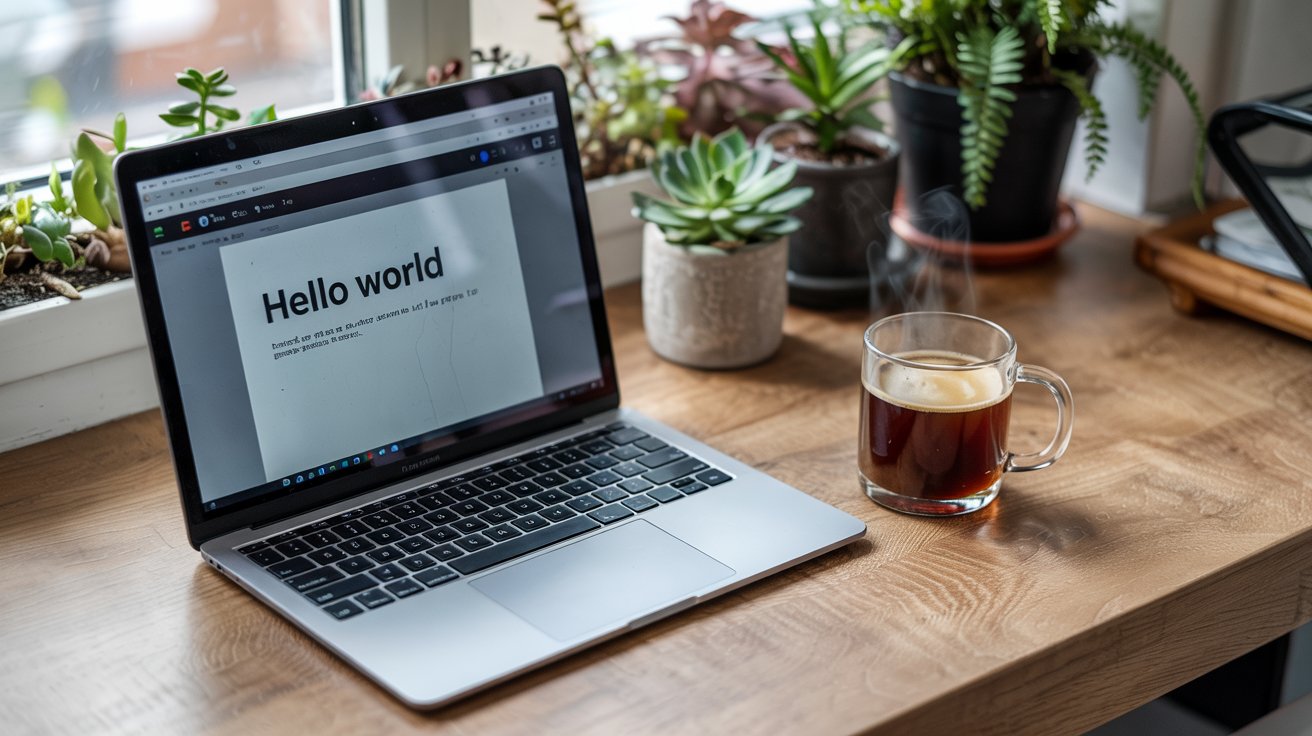 Postazione di lavoro con laptop aperto su editor di blog, perfetta per chi vuole sapere come aprire un blog