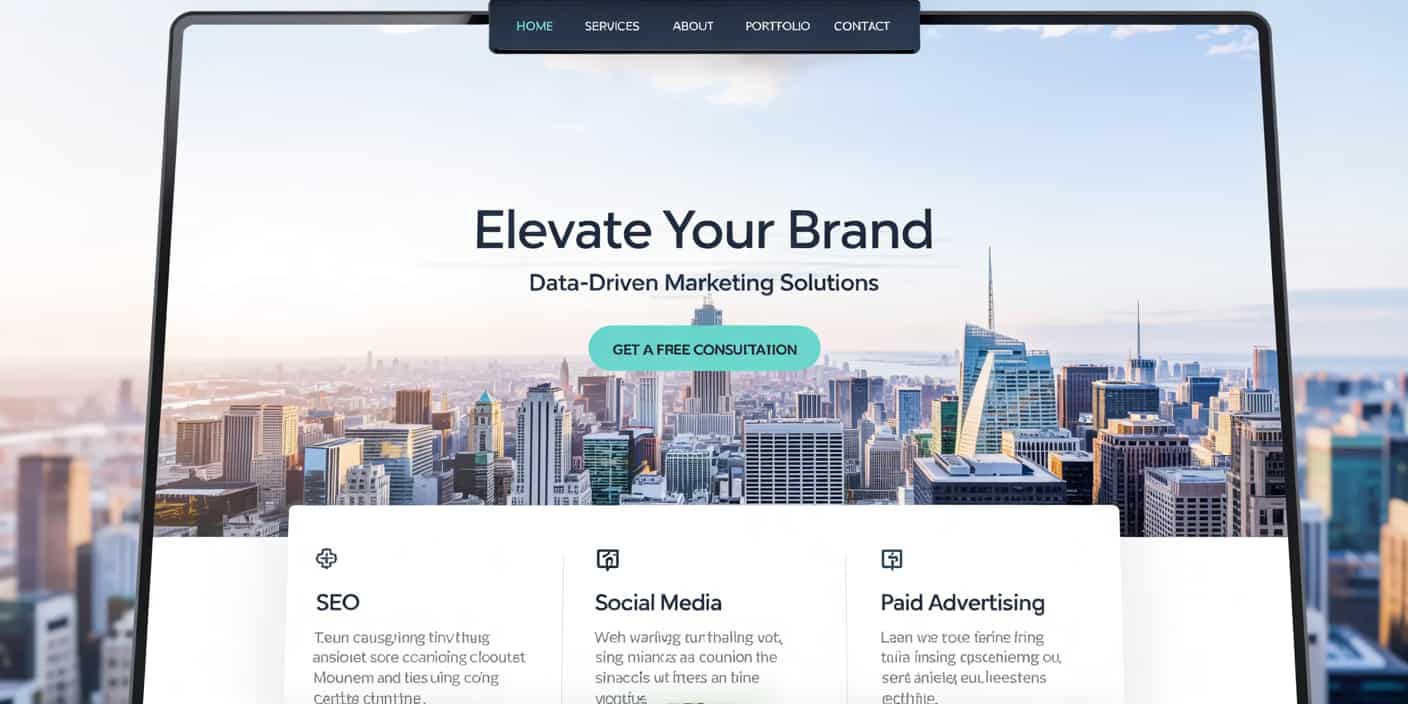 Un design moderno e pulito di una landing page su uno schermo di computer, con elementi chiave come un titolo chiaro, un pulsante call-to-action e un layout responsive, ideali per una landing page efficace. L'immagine rappresenta visivamente come dovrebbe apparire una landing page ben progettata.