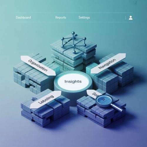 Illustrazione concettuale dei quattro pilastri dell’architettura dell’informazione: organizzazione, navigazione, etichettatura e ricerca.