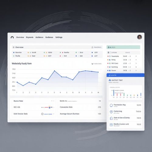 Schermo di un laptop che mostra strumenti di analisi SEO, grafici e dati di performance. Un esempio di come ottimizzare un portfolio online per i motori di ricerca e migliorare la visibilità.