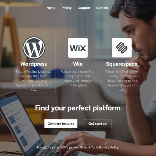 Persona che seleziona una piattaforma per creare un portfolio online su un laptop, con icone di WordPress, Wix e Squarespace, evidenziando le opzioni disponibili per costruire il proprio portfolio.