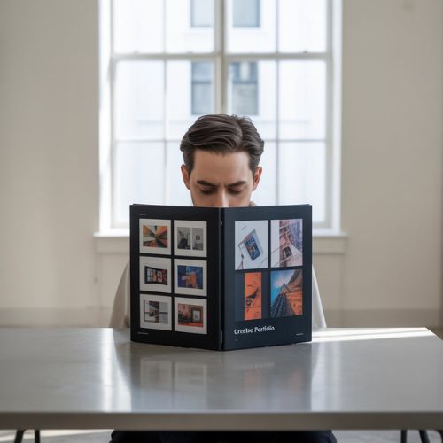 Portfolio online in una galleria, con progetti di design, fotografia e web design ben organizzati. Un esempio di come strutturare e presentare i contenuti di un portfolio online.