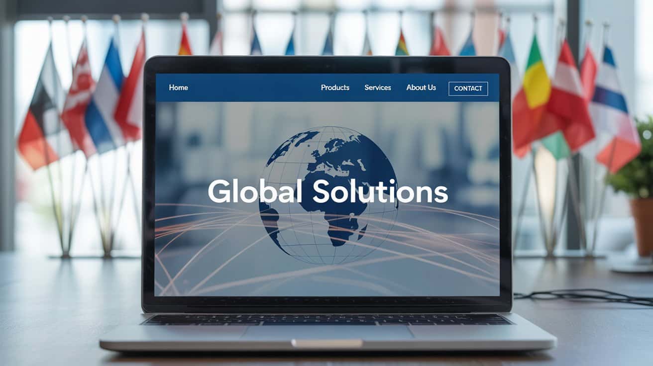 Interfaccia di un sito web multilingua su laptop con bandiere internazionali, rappresentazione visiva della guida su come creare un sito multilingua e aumentare la presenza globale.