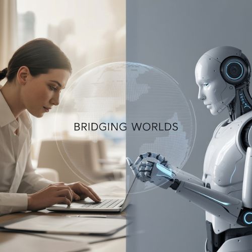 Confronto visivo tra traduttore umano e intelligenza artificiale per traduzioni automatiche, a supporto della scelta strategica nella creazione di un sito multilingua efficace.