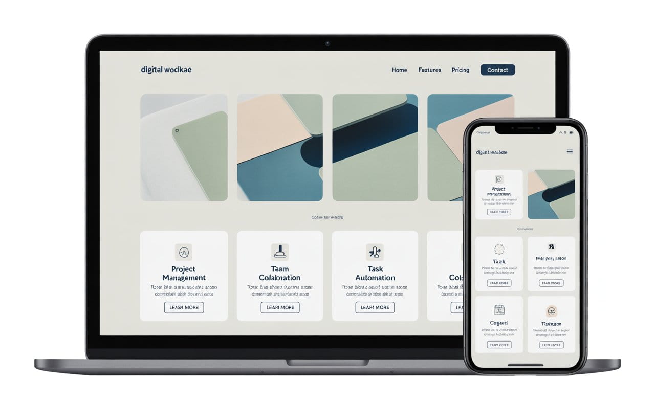 cos-e-un-sito-one-page-esempio-design-responsive Mockup moderno di un sito one-page visualizzato su laptop e smartphone, che illustra il design responsive e minimalista descritto nell'articolo Cos'è un sito one-page.