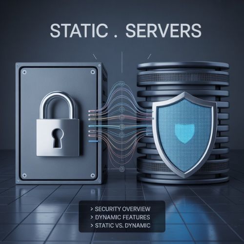 Illustrazione delle differenze di sicurezza tra siti statici e dinamici, con simboli di protezione e architetture server.