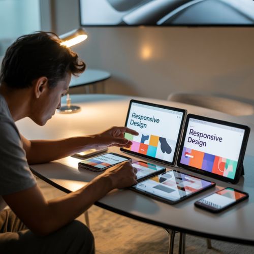 Developer testing responsive website design on multiple real devices, emphasizing the importance of cross-device testing in media queries CSS strategy.