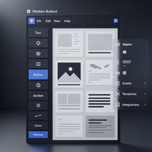 Abstract representation of a website builder interface, showing drag-and-drop elements like images, menus, and layout blocks. High-tech and modern style, without any readable text or brand logos.