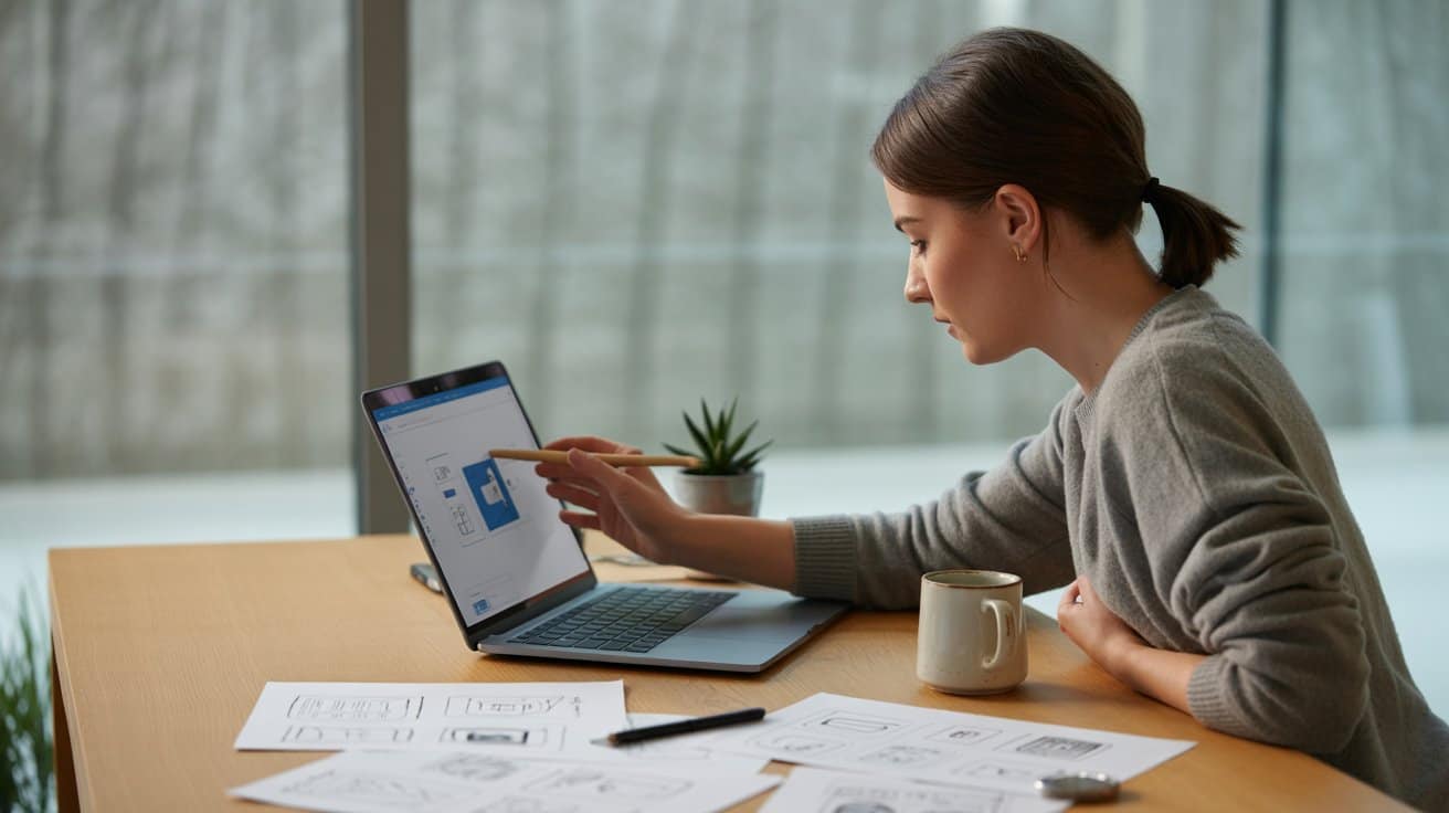 Postazione moderna con una persona che progetta un sito web al computer, rappresentazione visiva del processo di creazione tramite le migliori piattaforme per siti web.