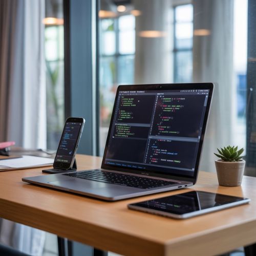 Postazione di lavoro con smartphone e tablet che mostrano app mobili, illustrando lo sviluppo mobile con React.js e React Native.