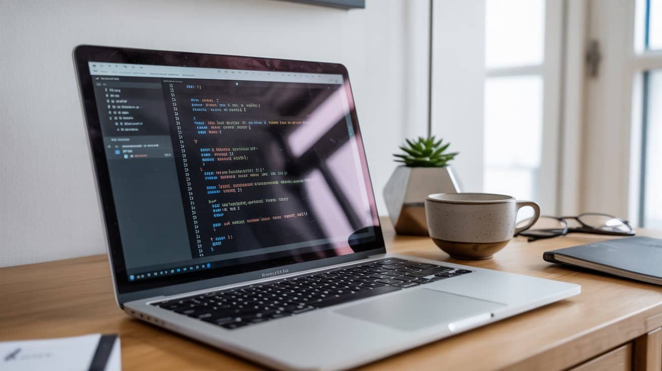 reactjs-sviluppo-web-moderno-workspace Spazio di lavoro moderno con laptop che mostra codice, rappresentando lo sviluppo web con React.js e l’ambiente di programmazione.