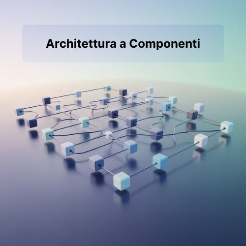 Illustrazione digitale astratta di componenti UI modulari, simbolo dell’architettura a componenti di React.js.