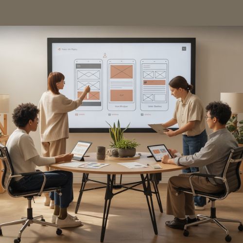 Team di progettazione web lavora su mockup accessibili, seguendo le WCAG 2.1 Linee Guida sin dalle prime fasi del design per garantire l’inclusività.