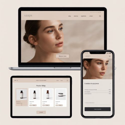 Esempi visivi di siti web con design minimalista, mostrati su dispositivi diversi per evidenziare l’interfaccia pulita e l’eleganza visiva