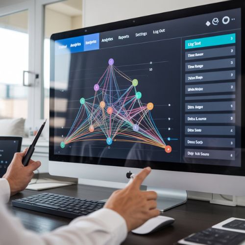 Una persona utilizza un'interfaccia dashboard futuristica con metriche di analisi delle prestazioni visualizzate su uno schermo trasparente.