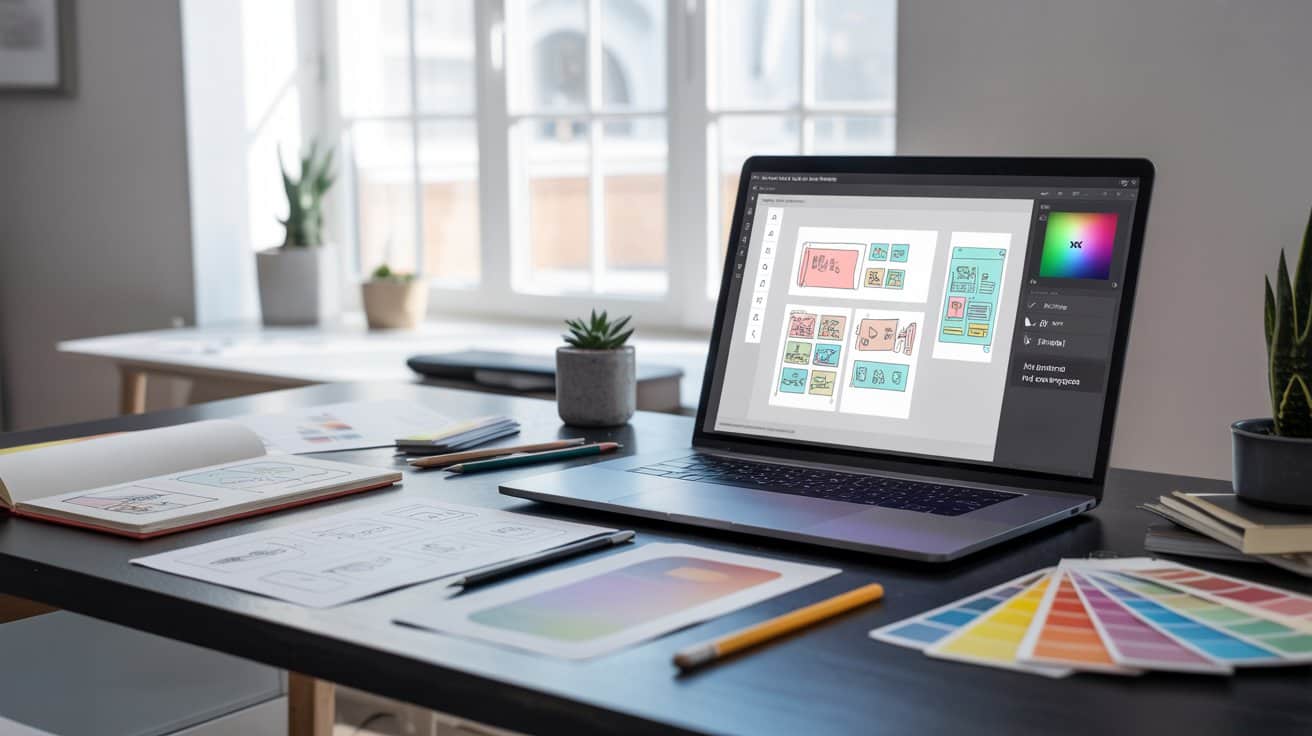 adobe-xd-digital-workspace-ui-design Modern digital workspace featuring a laptop with Adobe XD UI design and prototyping interface, showcasing a clean and professional design environment for user interface creation.