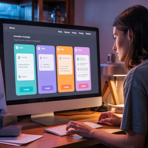 Close-up of a designer working on an interactive UI prototype in Adobe XD on a computer screen, illustrating the design and prototyping process for user interfaces.