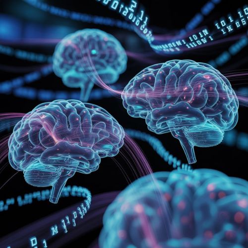 Visualizzazione astratta degli algoritmi di Google per la SEO semantica, come BERT e RankBrain, rappresentati da cervelli digitali interattivi.