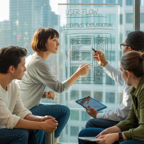 Team di designer UX/UI che collaborano su wireframe e interfacce, evidenziando il lavoro di squadra nel design dell’interfaccia utente.