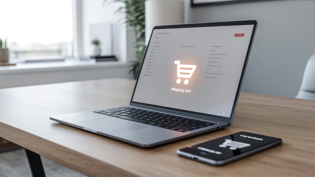 ecommerce-dashboard-laptop-workspace Scrivania moderna con laptop che mostra la dashboard di un e-commerce, simbolo dell’avvio di un negozio online