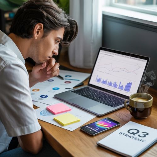 Persona che analizza strategie di marketing e dati e-commerce su laptop e smartphone, focus sulla promozione del negozio online