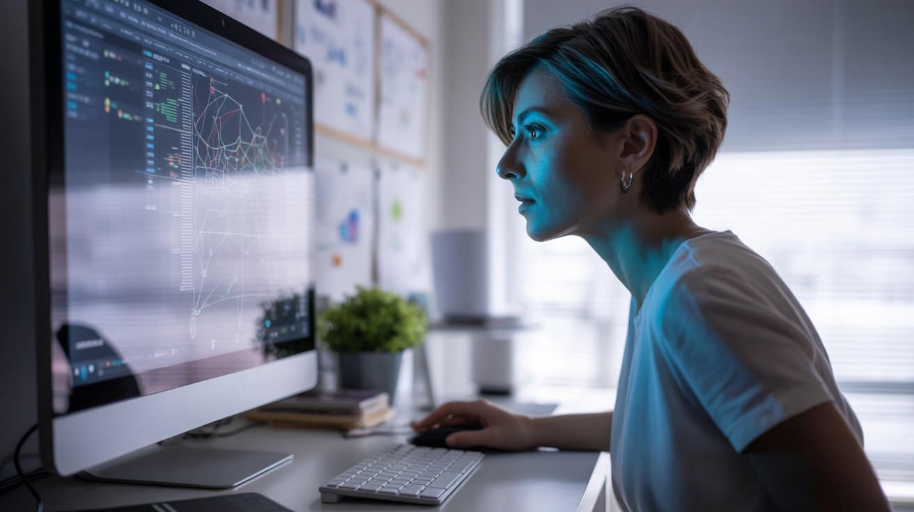 esperto-analizza-dati-seo-semantica Esperto di marketing digitale analizza dati e connessioni legate alla SEO semantica su schermo con grafici interattivi e intelligenza artificiale.