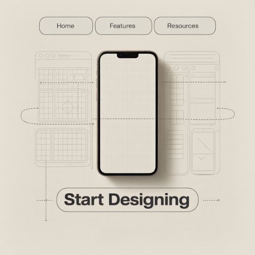 Illustrazione concettuale del design mobile-first con smartphone al centro circondato da strumenti di progettazione UX, a supporto della comprensione del concetto.