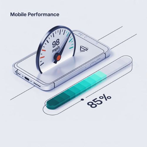 Rappresentazione grafica dell’ottimizzazione delle prestazioni su mobile con wireframe, indicatori di velocità e componenti di interfaccia, legata ai principi del design mobile-first.