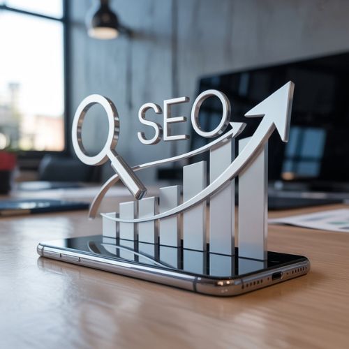 Illustrazione simbolica dell’impatto del design mobile-first sulla SEO, con grafici, frecce e icone di ricerca visualizzate su smartphone.