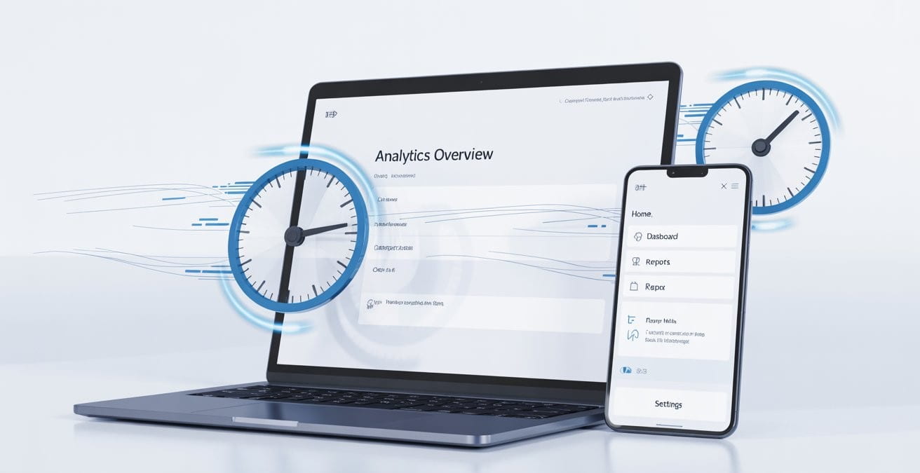 riduzione-del-tempo-di-caricamento-copertina-dispositivi-veloci Laptop e smartphone che mostrano un sito web che si carica rapidamente, simbolo visivo della riduzione del tempo di caricamento su dispositivi digitali.