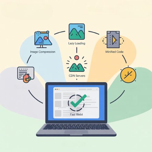 Rappresentazione grafica di tecniche di ottimizzazione come compressione immagini, caricamento differito e CDN per migliorare il tempo di caricamento di un sito web.