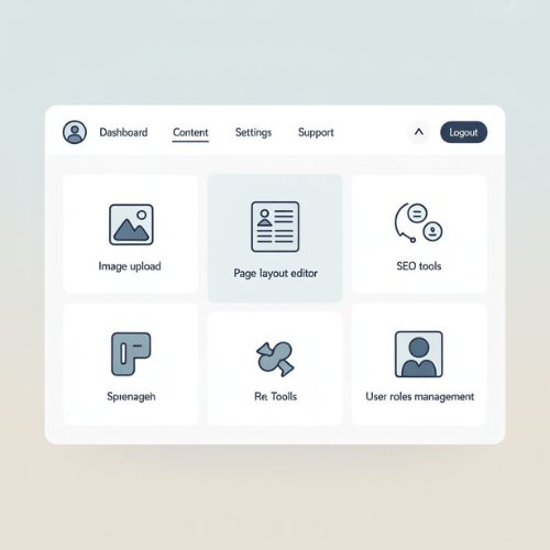 Dashboard concettuale di un sistema di gestione dei contenuti con funzionalità principali come caricamento media, SEO e gestione utenti.