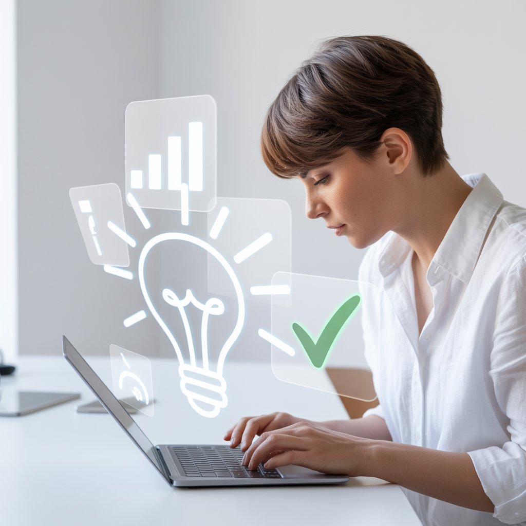 Persona che scrive un articolo sul blog con icone di idee e spunte, a evidenziare la creazione di contenuti di qualità nel guest posting.