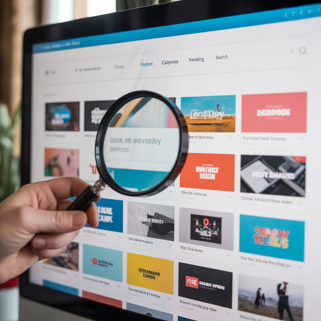 Lente d’ingrandimento sopra anteprime di vari blog su uno schermo, a illustrare come trovare blog per opportunità di guest posting.