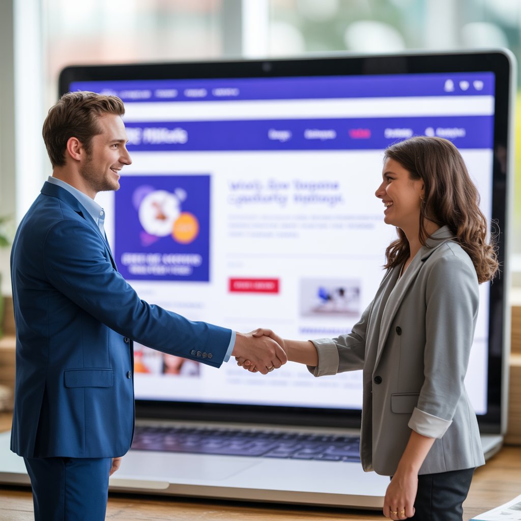Marketer digitali che collaborano davanti a uno schermo web, a simboleggiare il concetto di guest posting e le partnership SEO.